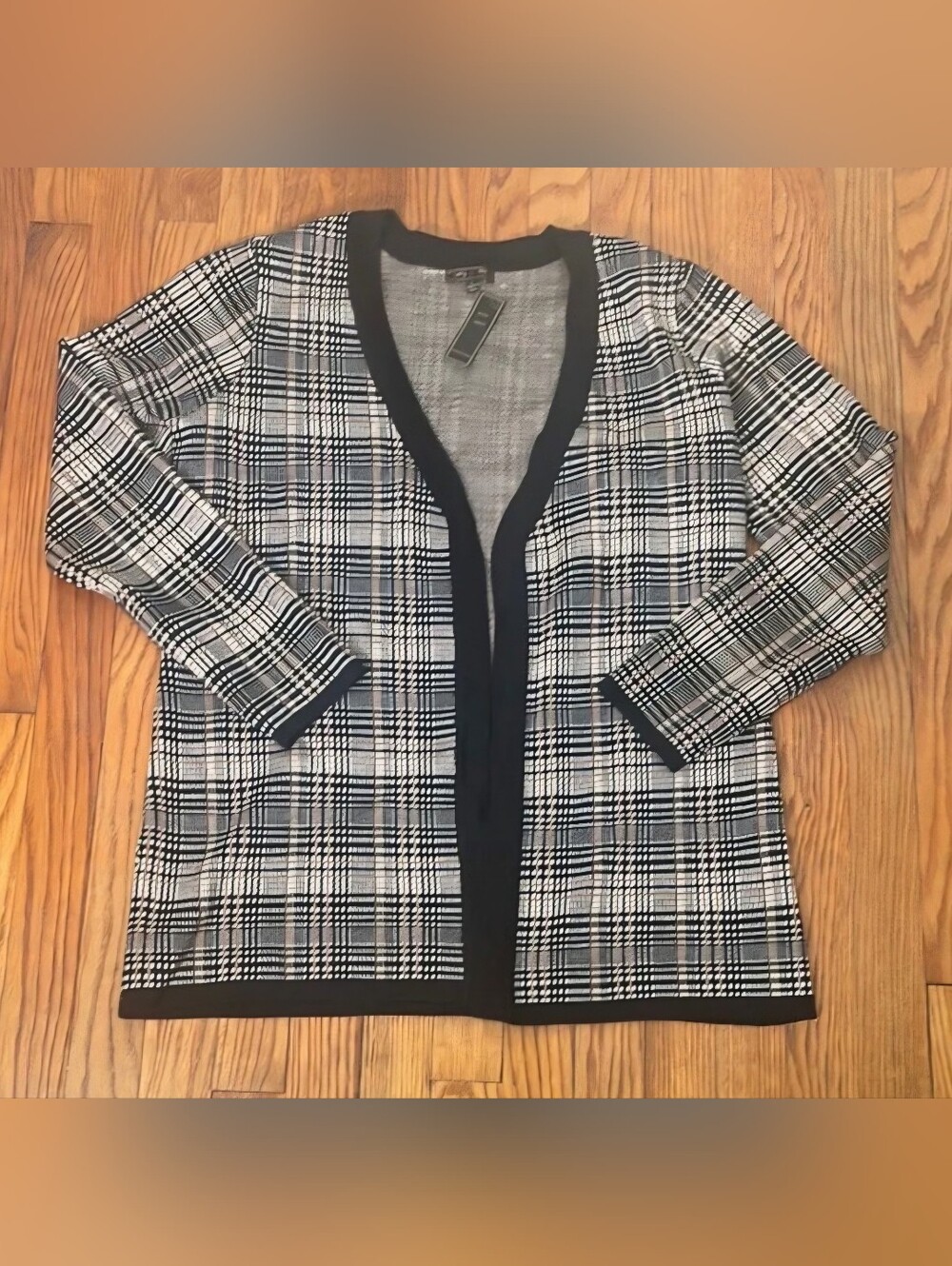 Classic Black & Beige Plaid Open-Front Women's Cardigan Jacket